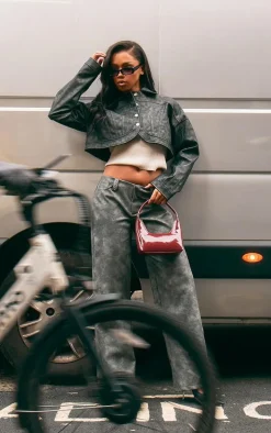 Black Faux Leather Western Detail Curved Hem Jacket