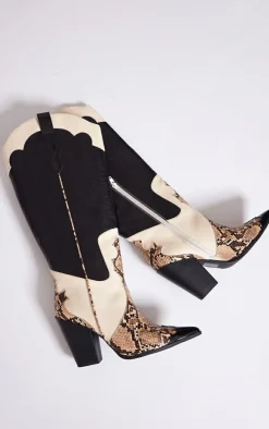 Black Faux Leather Wide Fit Textured Snake Print Western Knee Boots