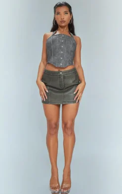 Black Faux Leather Woven Hook & Eye Buckle Halterneck Boned Corset