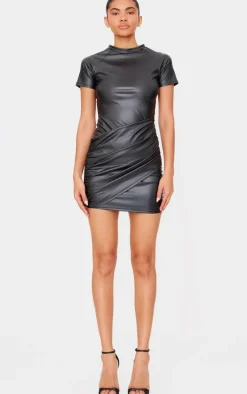 Black Faux Leather Wrap Over Skirt Mini Dress