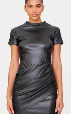 Black Faux Leather Wrap Over Skirt Mini Dress