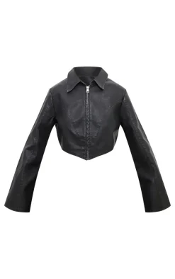 Black Faux Leather Zip Cropped Shirt