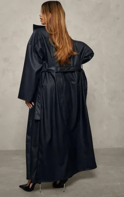 Black Faux Leather Zip Detail Maxi Trench Coat