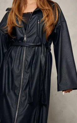 Black Faux Leather Zip Detail Maxi Trench Coat