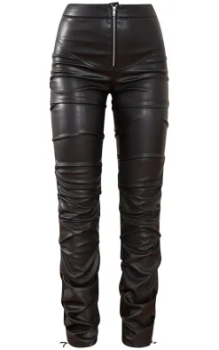 Black Faux Leather Zip Front Ruched Detail Skinny Pants