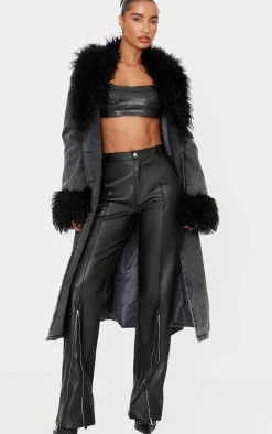 Black Faux Leather Zip Seam Detail Straight Leg Pants