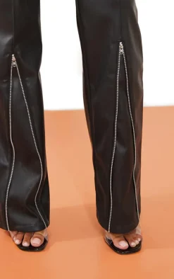 Black Faux Leather Zip Seam Detail Straight Leg Pants