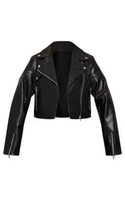 Black Faux Leather Zip Up Quilted Shoulder Biker Jacket