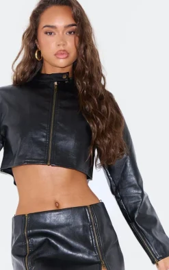 Black Faux Leather Zip Up Cropped Jacket