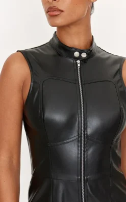 Black Faux Leather Zip Up Sleeveless Romper