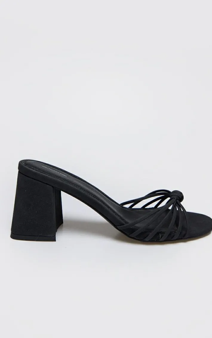Black Faux Nubuck Knotted Block Heeled Mule Sandals