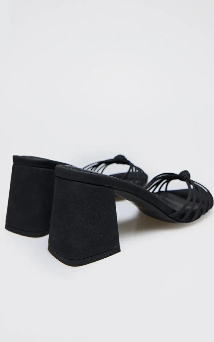 Black Faux Nubuck Knotted Block Heeled Mule Sandals