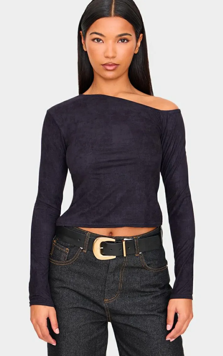 Black Faux Suede Asymmetric Neck Long Sleeve Top