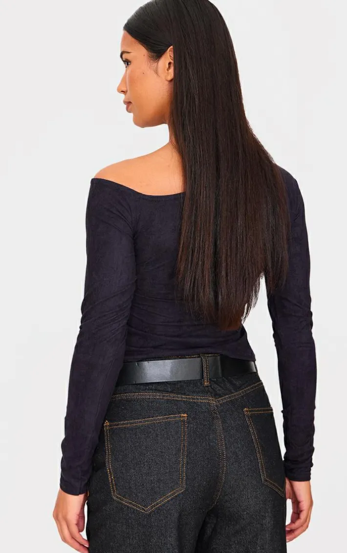 Black Faux Suede Asymmetric Neck Long Sleeve Top