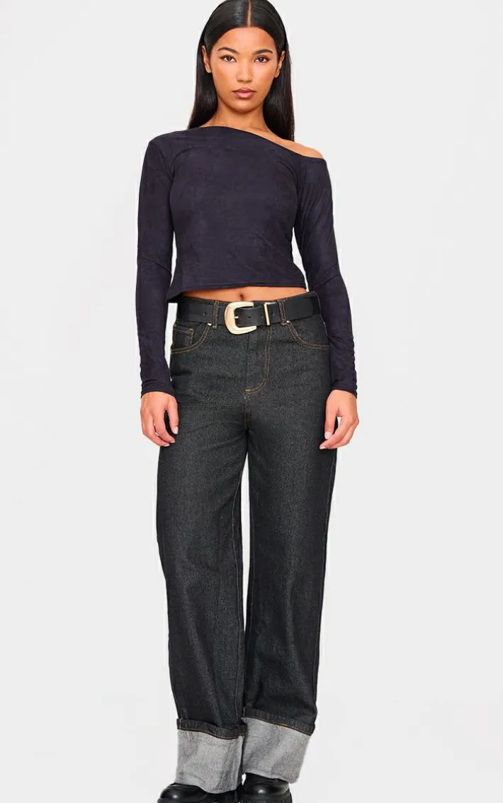 Black Faux Suede Asymmetric Neck Long Sleeve Top