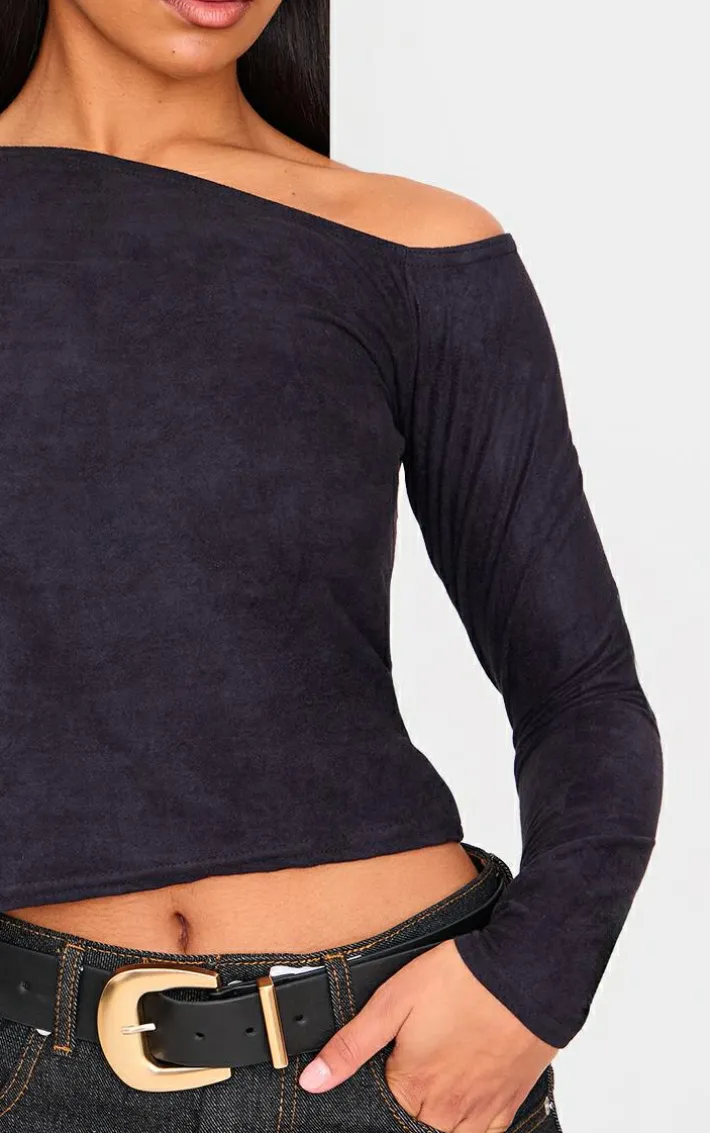 Black Faux Suede Asymmetric Neck Long Sleeve Top