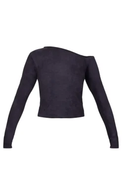 Black Faux Suede Asymmetric Neck Long Sleeve Top