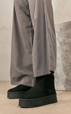 Black Faux Suede Cleated Ankle Platform Boots