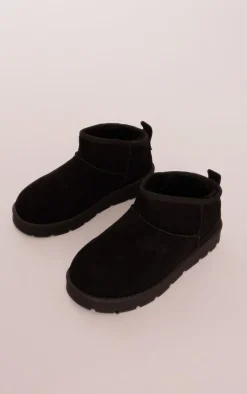 Black Faux Suede Cleated Mini Ankle Boots