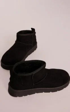 Black Faux Suede Cleated Mini Ankle Boots