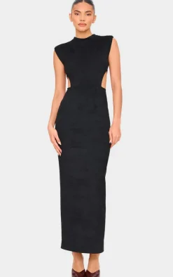 Black Faux Suede Cut Out Maxi Dress