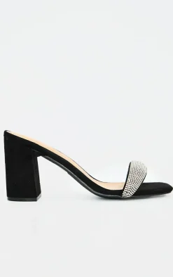 Black Faux Suede Diamante Strap Lace Up Block Heeled Sandals