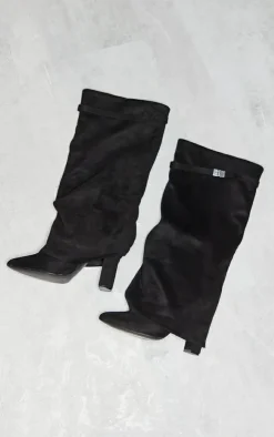 Black Faux Suede Fold Over Knee Block Heeled Boots