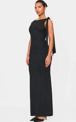 Black Faux Suede Knot Drape Maxi Dress