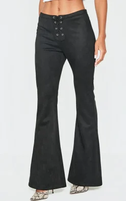 Black Faux Suede Lace Up Straight Leg Pant