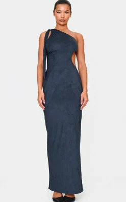 Black Faux Suede One Shoulder Cut Out Maxi Dress