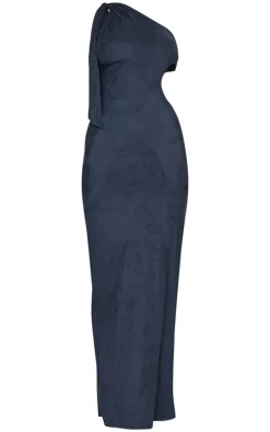 Black Faux Suede One Shoulder Cut Out Maxi Dress