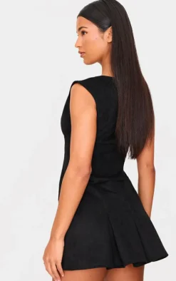 Black Faux Suede Pleated Pocket Detail Shift Dress