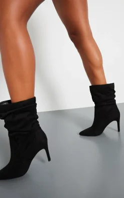 Black Faux Suede Point Toe Ruched High Heeled Ankle Boots