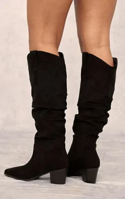Black Faux Suede Point Toe Ruched Knee High Heeled Western Boots