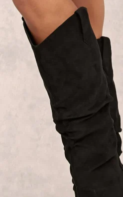 Black Faux Suede Point Toe Ruched Knee High Heeled Western Boots