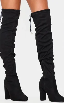 Black Faux Suede Point Toe Over The Knee Block High Heeled Boots