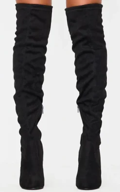 Black Faux Suede Point Toe Over The Knee Block High Heeled Boots