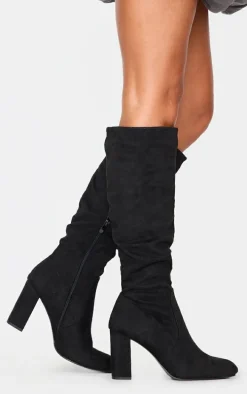 Black Faux Suede Point Toe Ruched High Blocked Heeled Knee Boots