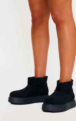 Black Faux Suede Round Toe Thick Flat Sole Ankle Boots