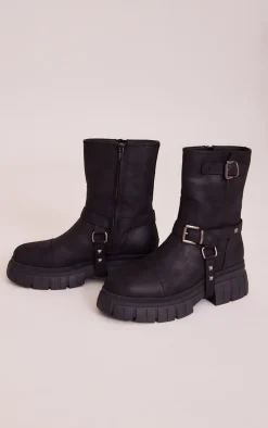 Black Faux Suede Round Toe Buckle Detail Chunky Platform Ankle Boots