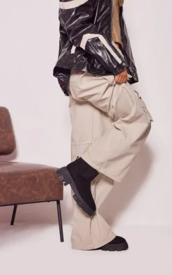 Black Faux Suede Round Toe Chunky Sole Ankle Boots