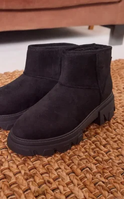 Black Faux Suede Round Toe Chunky Sole Ankle Boots