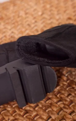 Black Faux Suede Round Toe Chunky Sole Ankle Boots