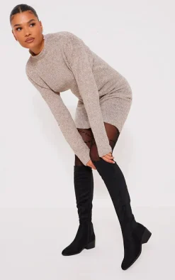 Black Faux Suede Round Toe Block Heeled Knee High Boots