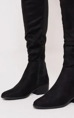 Black Faux Suede Round Toe Block Heeled Knee High Boots