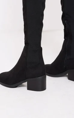 Black Faux Suede Round Toe Block Heeled Knee High Boots