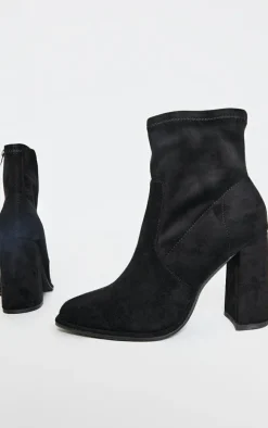 Black Faux Suede Round Toe High Block Stiletto Heeled Boots