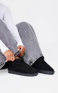 Black Faux Suede Round Toe Rigged Sole Ankle Boots