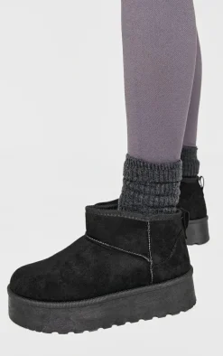 Black Faux Suede Round Toe Platform Ankle Boots