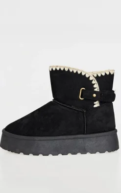 Black Faux Suede Round Toe Stitched Borg Lined Ankle Boots